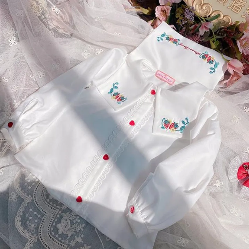 

Strawberry Embroidered 2022 baby girl cotton shirt long-sleeved uniform top white shirt kids cute tops