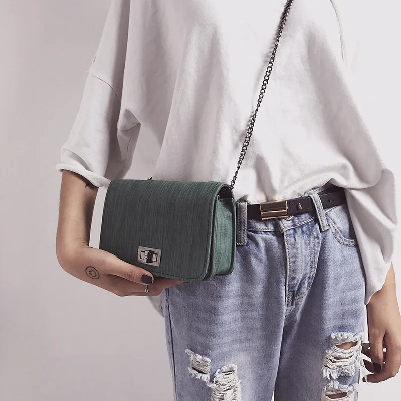 

2018 New Style Autumn WOMEN'S Fashion Handbag Linen Finish Turnlock Bag Solid Color Simple Japanese Korean of Chain Shoulder Obl