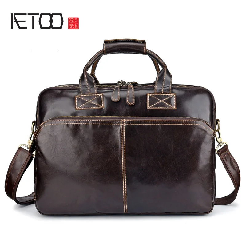 

BJYL New leather handbag oil wax leather computer briefcase retro multi-function shoulder slung business European and American