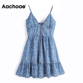 

Sexy V Neck Mini Dress Women Floral Print Spaghetti Strap Ruffle Dress A Line Sleeveless Summer Beach Dress Bohemian Sundress