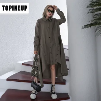 

Womens Spring Loose Casual Button lapel long sleeve thin Solid color irregular shirt dress women