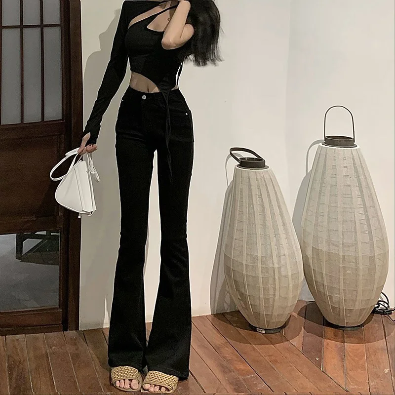 Black High Waist Jeans Women's Design Sense Spring and Autumn 2021 Style Straight Bootcut Pants | Женская одежда