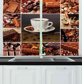 

Brown Kitchen Curtains Coffee and Chocolate Themed Collage Mug Cinnamon Bars Cocoa Tasty Yummy Snacks Window Drapes for Kitchen