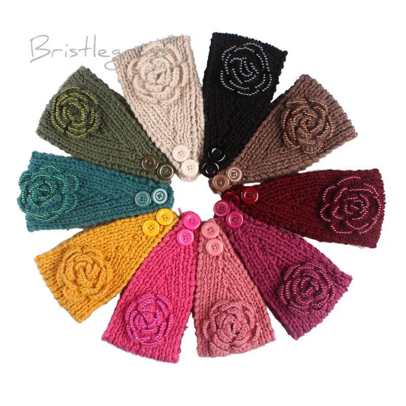 

BRISTLEGRASS Women's Winter Pearl Flower Crochet Knitting Knitted Headband with Button Headwrap Ear Warmer Turban Hair Band