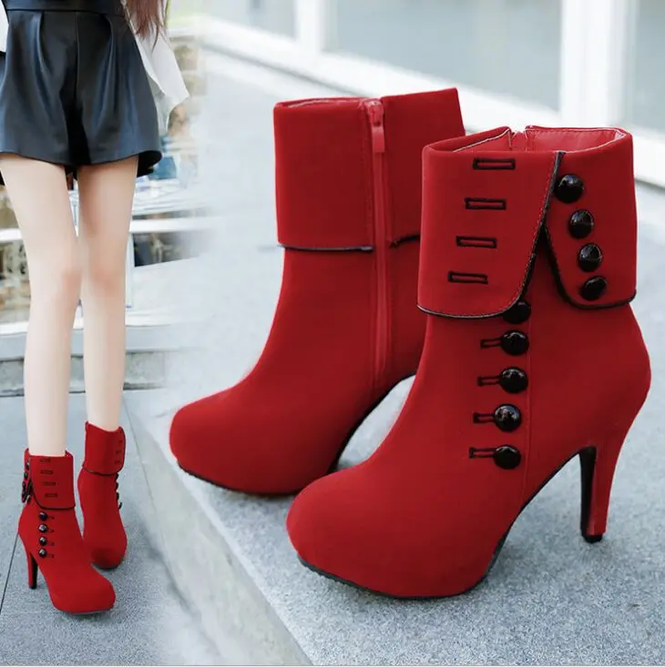 Женские ботильоны на высоком каблуке красные ботинки из флока платформе с