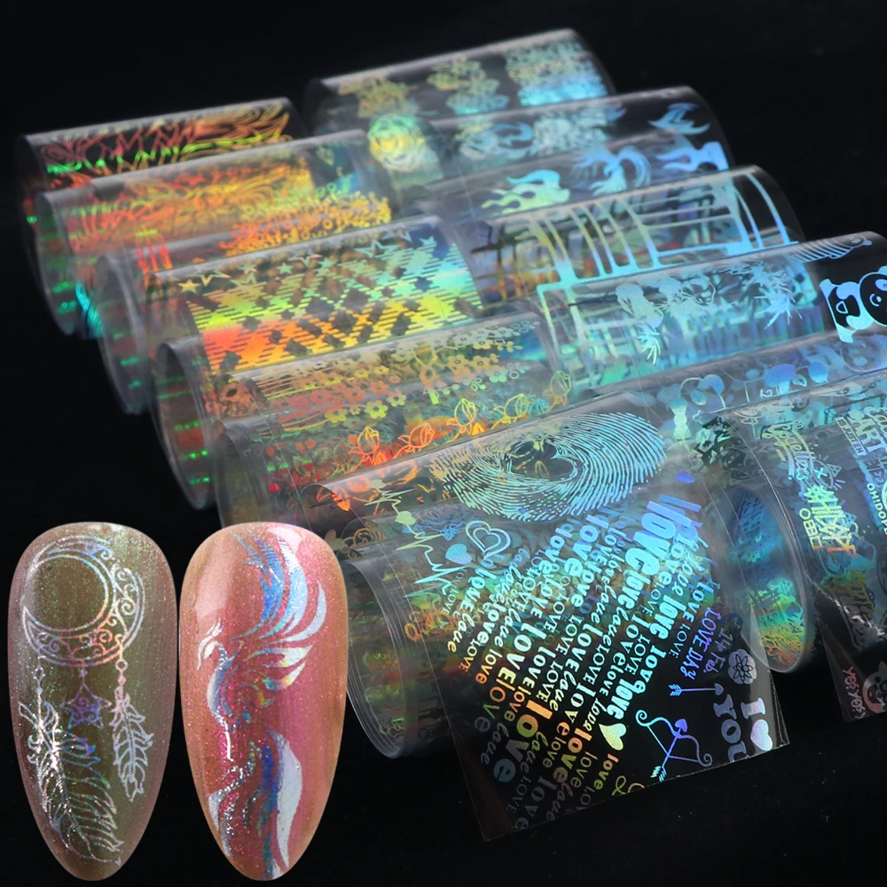 10 Rolls Holographic Flame Nail Foil Transfer Sticker Fire Rose Bamboo Feather Stripe Nail Art Decals Laser Slide Foils SAXKC71