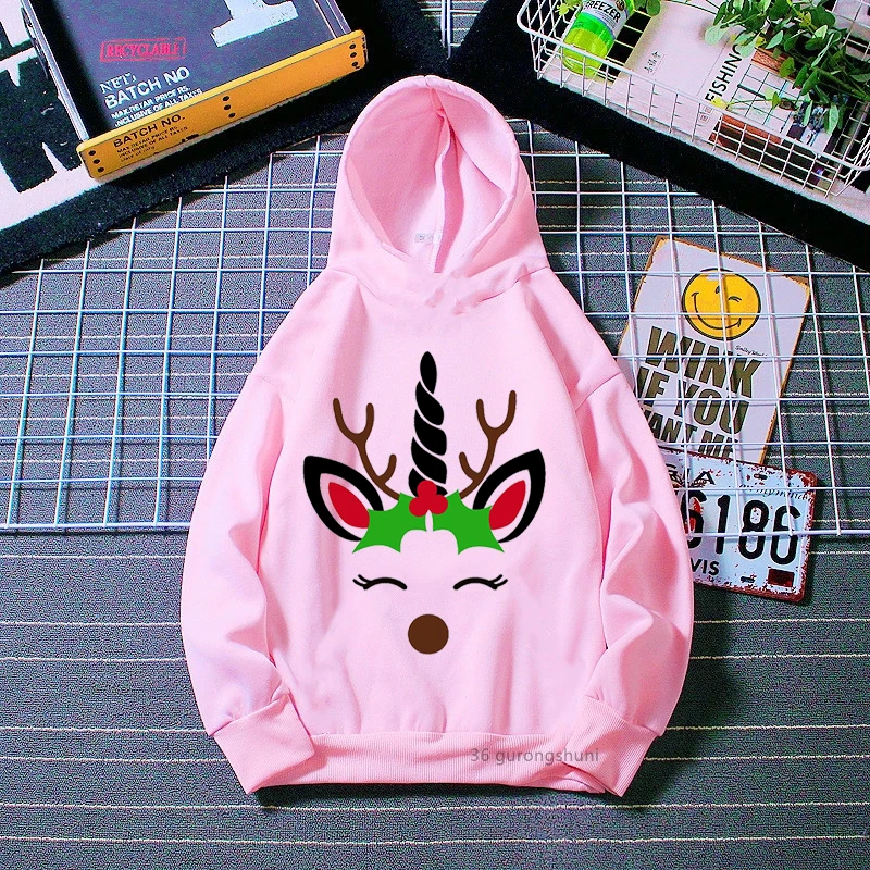 

2022 Merry Christmas Hoodie Funny Unicorn Face Antlers Winter Hoodie Kids Clothes Boy Girls Hoodies Long Sleeve Sweatshirt