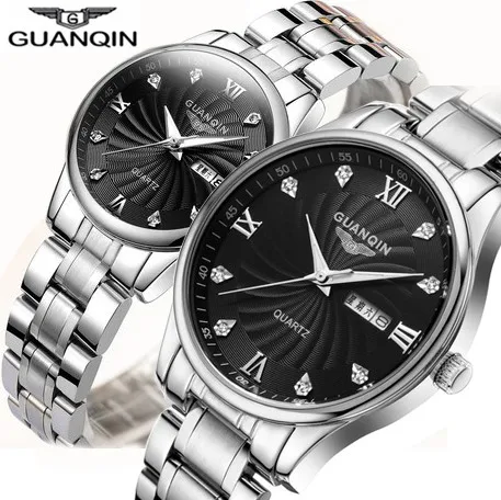 GUANQIN, парные часы, набор, роскошный алмаз,, мужские, женские, наручные часы, нержавеющая сталь, кварцевые часы, reloj pareja hombre y mujer - Цвет: white white black