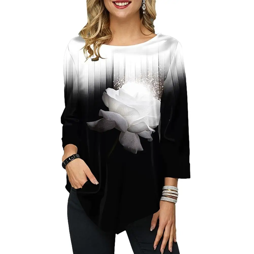 

2019 New Large Sizes Women t shirt Round Neck long Sleeve Hem t shirt Casual Top 3D printed irregular hem shirt top