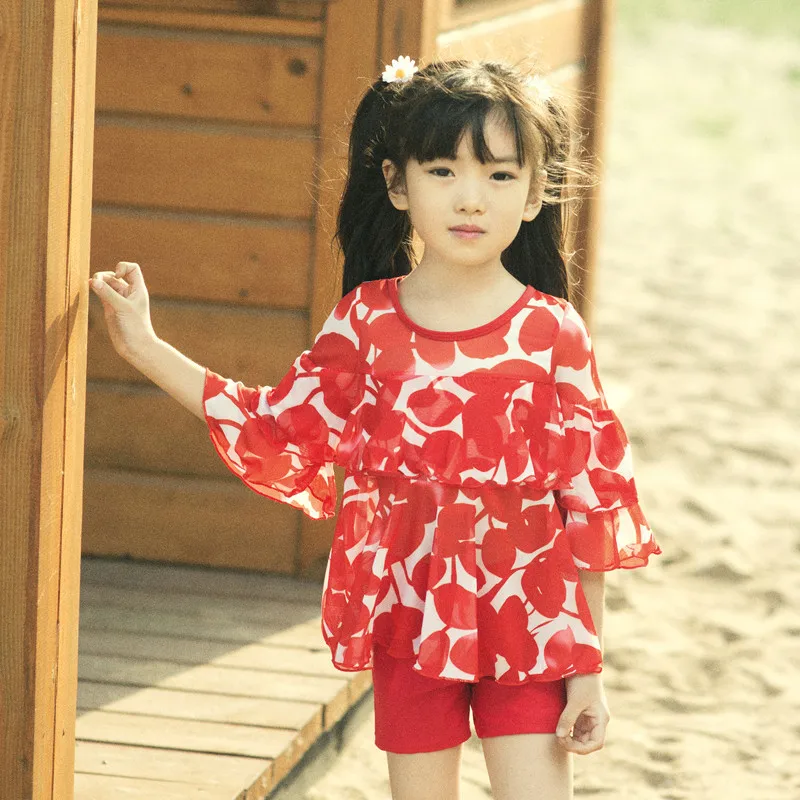 

South Korea Bathing Suit Girls Sweet Large Cover-up Children Split Type Tour Bathing Suit Skirt Boxer Two Piece Set GIRL'S Swimw