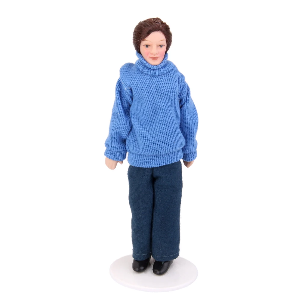 Dolls House Miniature Porcelain People Figure Man in Blue Sweater with Stand