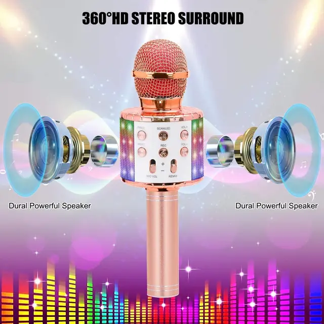 Wireless Bluetooth Karaoke Microphone, 3-in-1 portable handheld karaoke player multi-function LED light 6