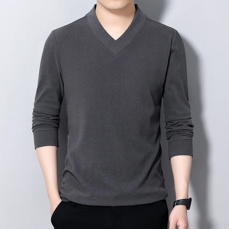 BROWON Autumn New TShirts Men Fashion V-Neck Solid Color Pullover Men Long Sleeve Business Work Oversized T Shirt Men Clothing