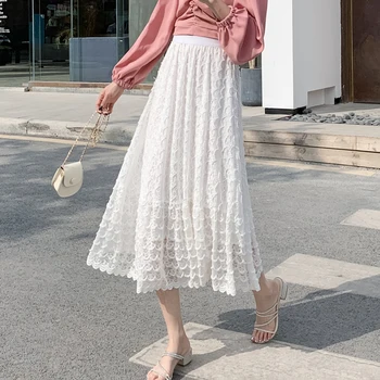 

COIGARSAM Lace Women Skirt New Spring High Waist Skirts White Black Apricot 9411