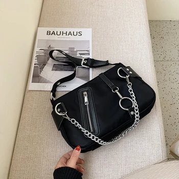 

FANTASY New Chain Punk Black Nylon Handbags For Women Cool Trendy High Capacity Shoulder Bag Ring Design Travel Good Quality INS