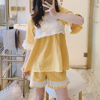 

Summer Cotton Pajamas Set Women Sweet Pyjamas Female Short Sleeve+shorts Suit Sleepwear Ladies Nightwear Patchwork Nighties
