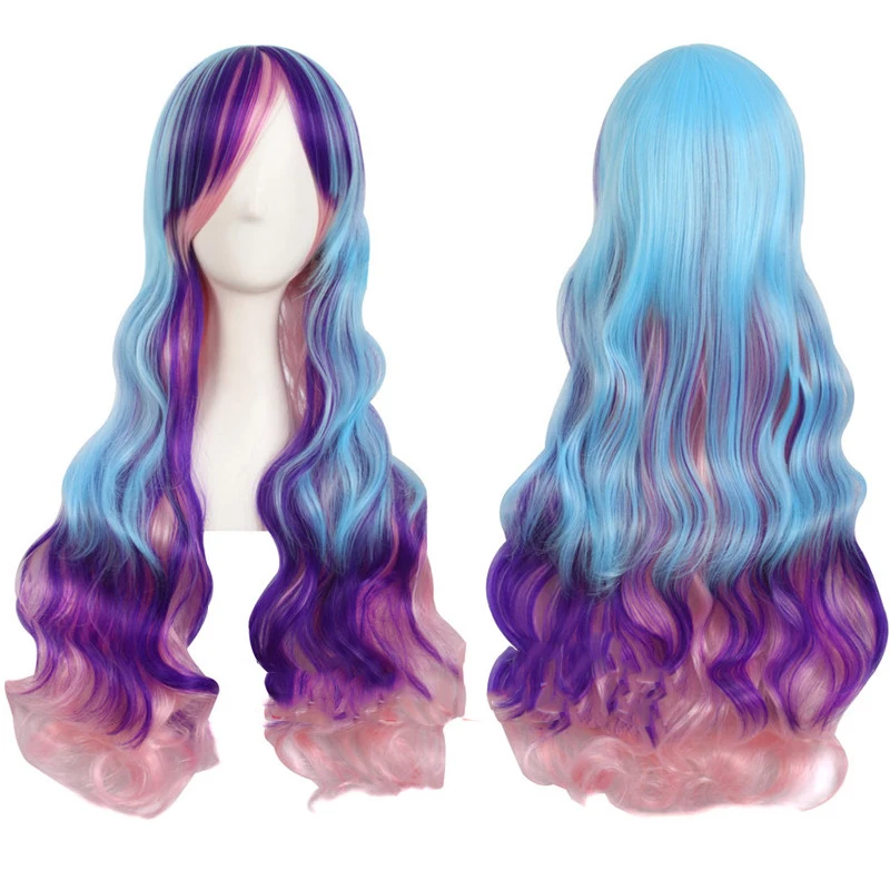 

MANWEI Blue Pink Heat Resistant fiber Long Body Wave Lolita Cosplay Wig Purple Multi color Side fringe Synthetic Wig