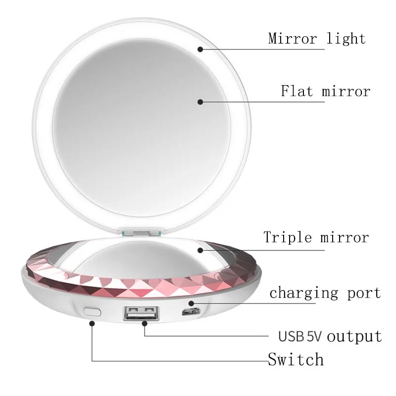 Portable Cosmetic LED Makeup Mirror Light Hand Warmer Rechargeable Power Bank 3X Magnifying Make-up Folding Beauty Mirror