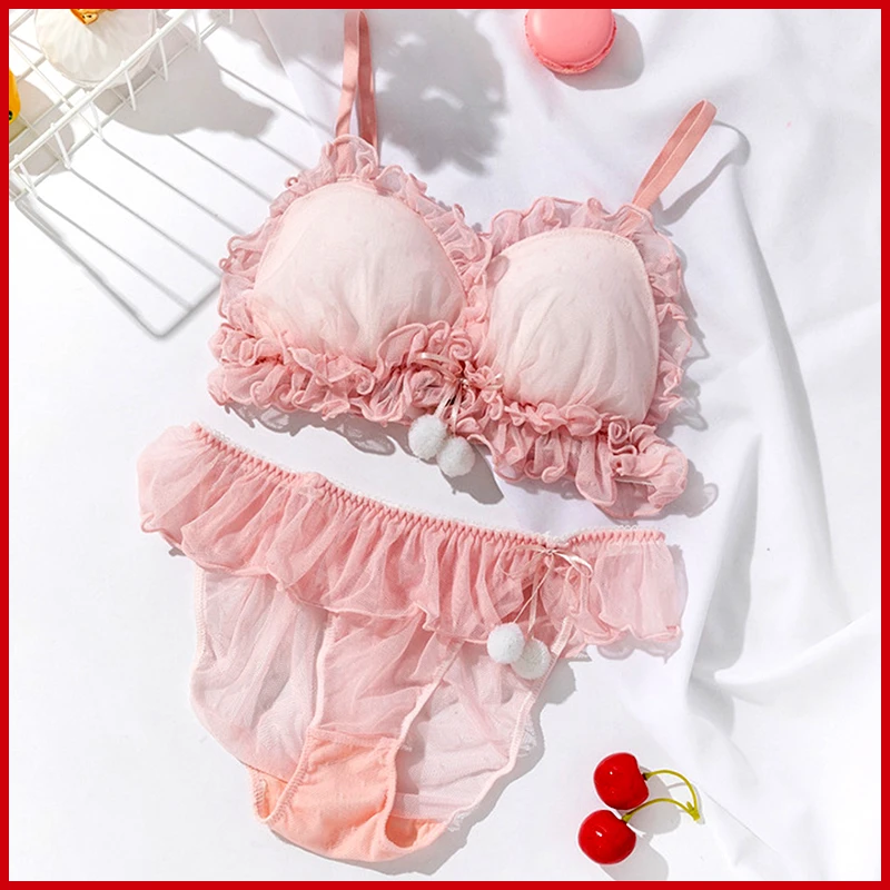 bra and panty French Style Woman Underwear Sexy Lingerie Set Sweet Lolita Cute Fairy Lace Up Hairball Bra Briefs Set Lace Mesh Ruffles Panties plus size bra and panty sets