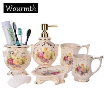 

European Elegant Bathroom Set Ceramic Mouth Cup With Handles Five-piece Toiletries Soap dish Lotion bottle New Wedding Products