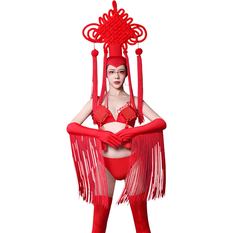 Весенний праздничный наряд Gogo Dance Ретро ведущее бикини для танцев красный костюм бар DS представление одежда ночной клуб сексуальная сценическая одежда