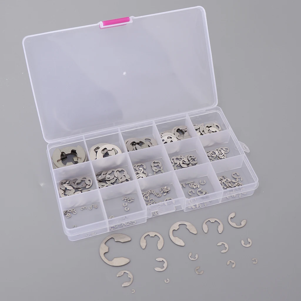225Pcs 304 Stainless Steel Opening Snap Ring E-Clip Circlip Assortment Kit Replacement E-clips with Storage Case