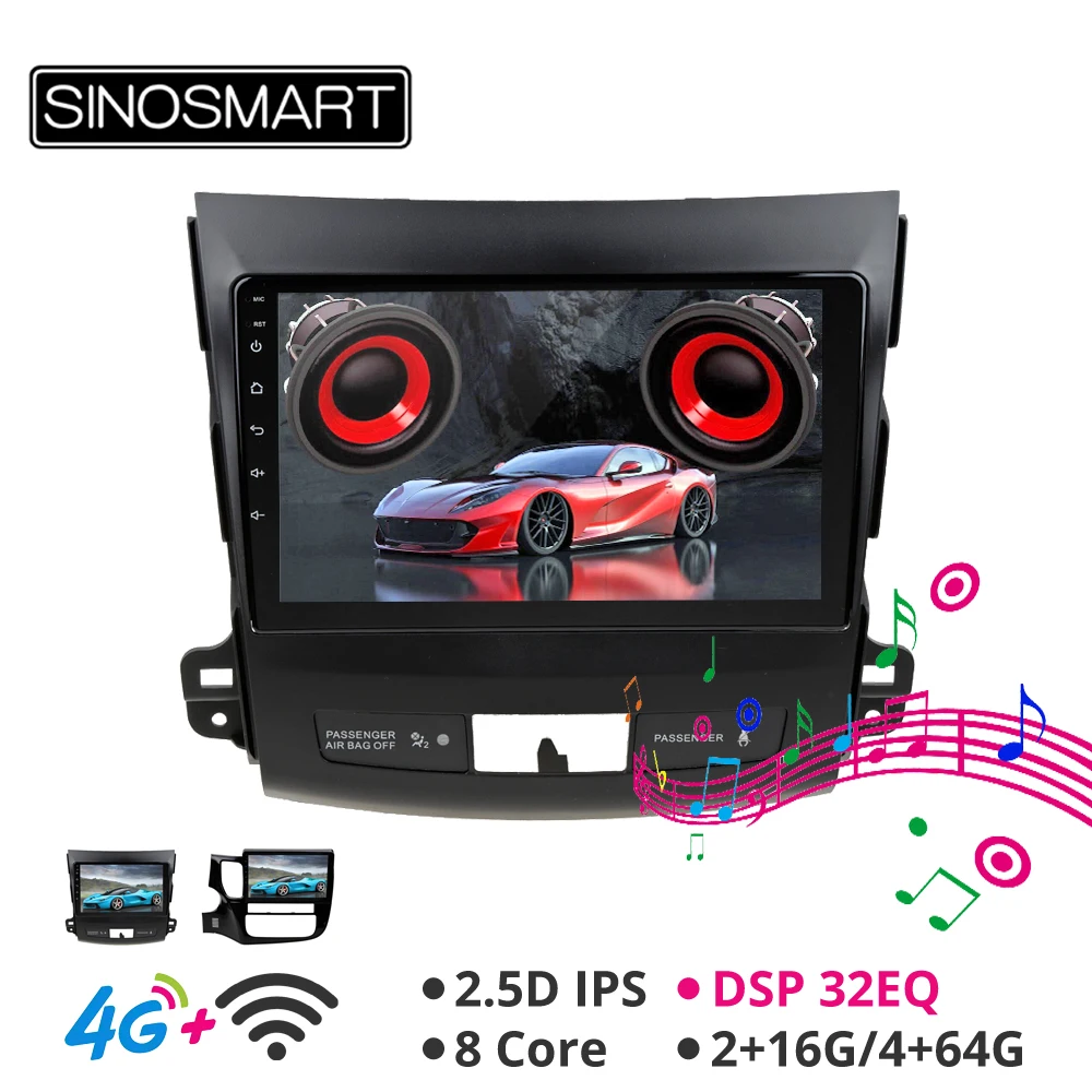Sinosmart Android 8,1 автомобильный радиоприемник с навигацией GPS для Mitsubishi Outlander 2008- 2din 2.5d ips/QLED экран