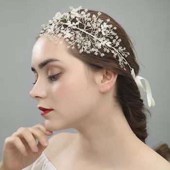 

NPASON Generous Bridal Silver Headband Tiara Beaded Wedding Hair Crown Accessories Headpiece for Women