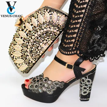 

2020 New Design Black Color Italian Shoes with Matching Bags Set Pointed Toe Sandals Shoes Matching Bag for Royal Party