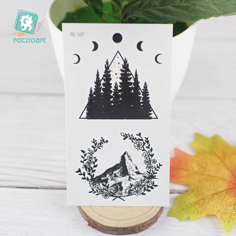 Planet Sun Mountain Pine Tree Temporary Tattoos Sticker Triangle Wave Tattoo Body Art Arm Black Small Fake Tattoo