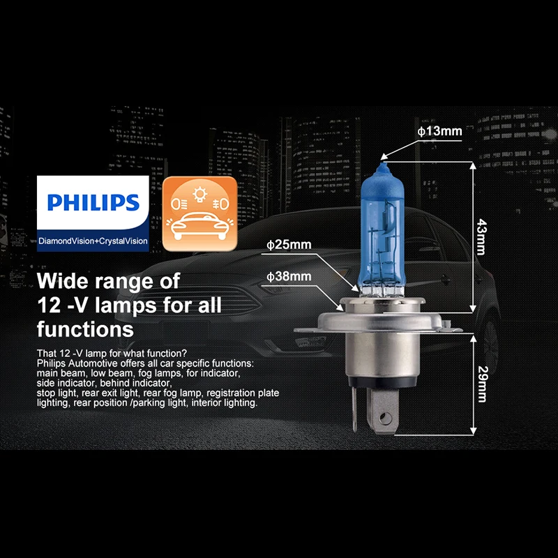 Philips h4 halogen 55W 12V Diamond Vision 5000K Ultimate White Light auto lamp H4 Headlight Original Car Accessories 2PCS