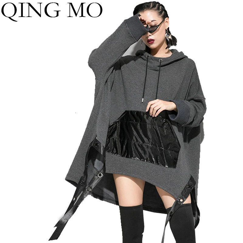 QING MO Plus Size Women Hooded Sweatshirt 2019 Winter Irregular With Large Pocket Black Grey ZQY2033 | Женская одежда