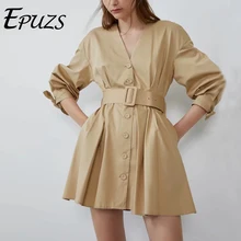 Сексуальное офисное платье с v-образным вырезом, мини-платье цвета хаки, женское Повседневное платье с завязками и рукавом, винтажное женское платье, корейское платье, vestidos