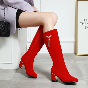 

Party comfortable round toe flock knee high boots crystal beading fringe black red high heel thick riding boots women shoes