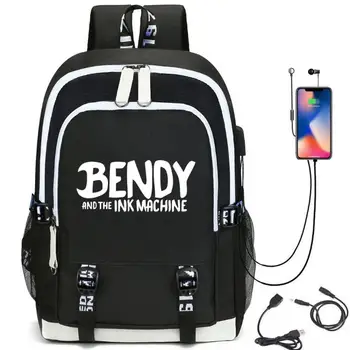 

USB Charging Port and Lock Headphone interface Student book bag Men Women backpack for Game Bendy and The Ink Machine Backpack