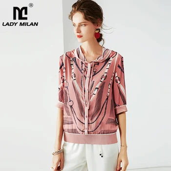 

100% Silk Women's Jackets Hooded Collar 3/4 Sleeves Printed Zipper Closure Fashion Casual Blouse Outerwear