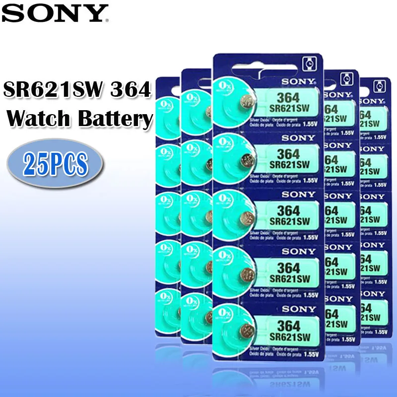 25 шт./лот Sony 364 100% оригинал 1 55 в оксид серебра часы батарея SR621SW V364 SR60 SR621 AG1 Кнопка