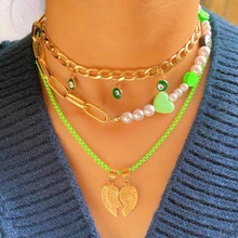 

Broken Heart Evil Eye Pendant Green Flower Pearl Necklaces Clavicle Choker For Women Multilayer Metal Chain Necklace New Jewelry