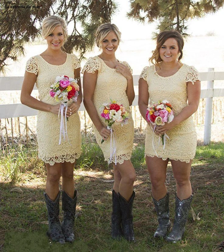 Vestido para festa de casamento новое из кружева, с вырезом на шее короткий рукав светло-желтое Сексуальное платье подружки невесты с юбкой-годе Короткое свадебное платье для гостей
