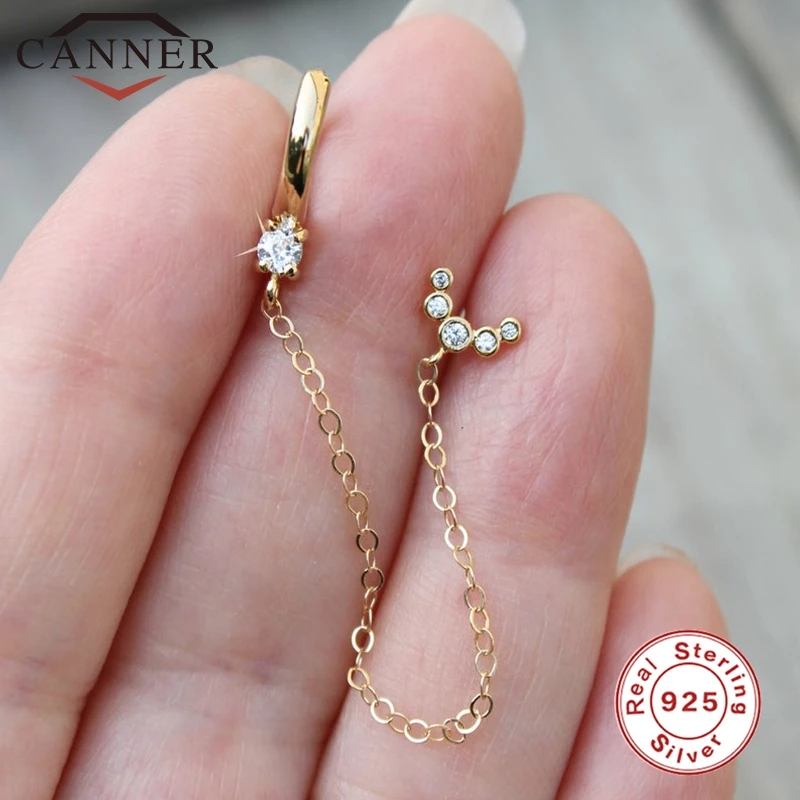 CANNER 925 Sterling Silver Ear Jewelry Crystal Zircon Stud Earrings for Women Gold Rainbow Moon CZ Chain Earring