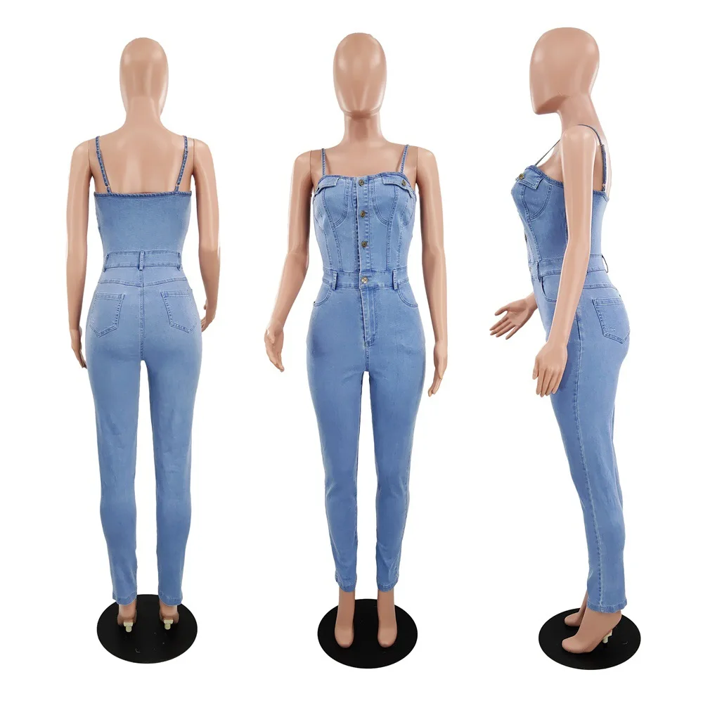 Tobinoone кнопка сексуальный джинсовый комбинезон длинные женские bodycon Летний