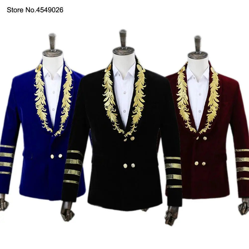 

Men's Shawl Collar Royal Blue Embroidery Slim Fit Suit Stage Show Singer Double-breasted Wedding Party Men Blazer Jacket