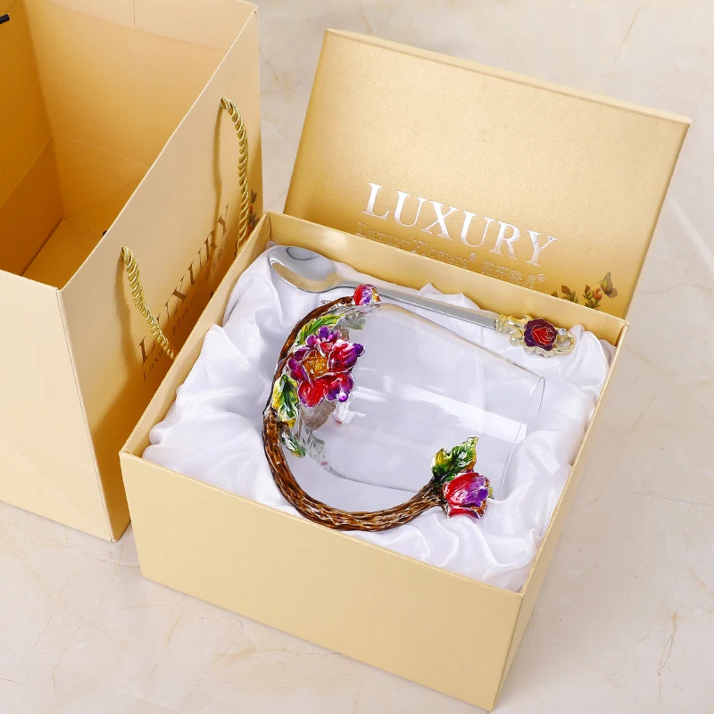 Gift boxes Эмалированная чашка для воды, Ароматизированная чайная чашка, креативная семейная, без свинца, пирекс, стекло на кружке, Хрустальная чашка, кружка для молока с крышкой, ложка - Цвет: Gift boxes