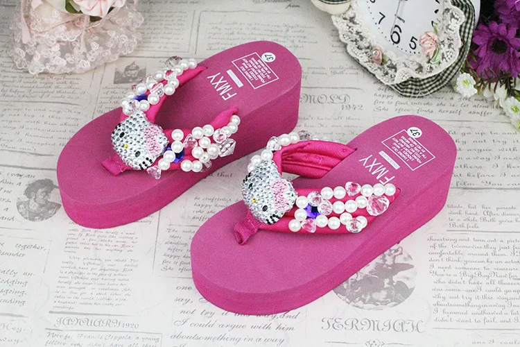 Leisure Shoes Online Lady Sewing Pearl Womens Beach Slippers Fashion High Heel Platform Wedge Flip Flops61