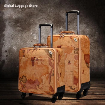 

Retro Map PU Leather Rolling Luggage Spinner Men Business Suitcase Wheels 16 inch Women Cabin Password Travel Bags Trelloy