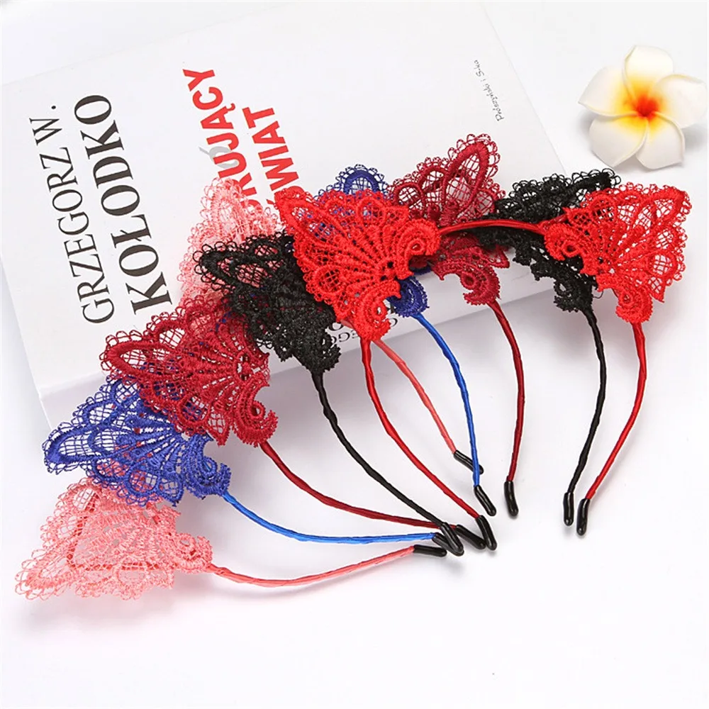 Ободок для волос женский кружевной милый обруч с кошачьими ушками пикантная
