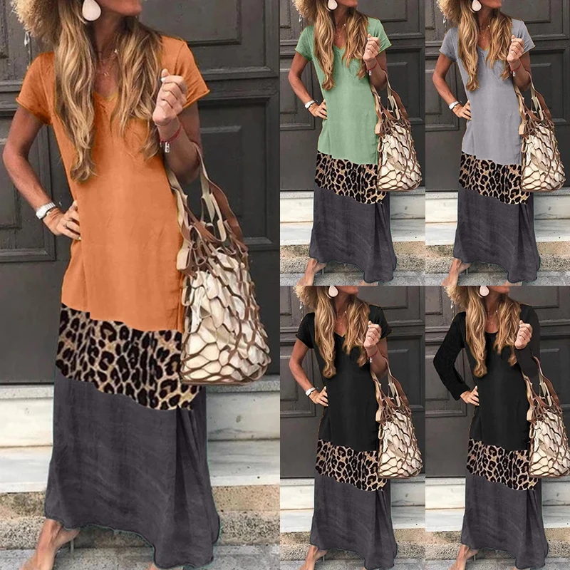 Vintage Leopard Long Dress Plus Size Loose Beach Summer Dress Fashion Casual Women Dress Long Sleeve & Short For Choice