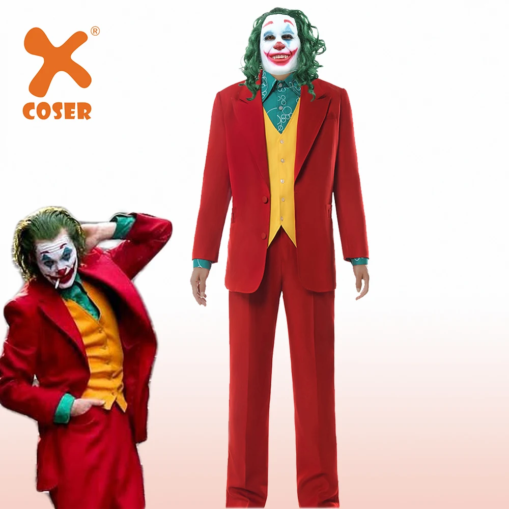 Xcoser костюм Джокера Косплэй фильм хоакином Фениксом Артур крапинку Хэллоуин Косплэй костюм, полный набор красное платье с париком маска человека