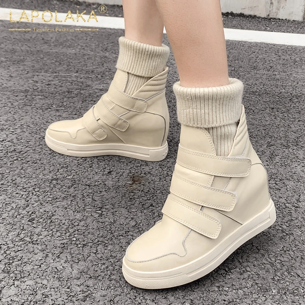 

Lapolaka 2020 new arrivals Genuine Cow Leather Fashion hook&loop Ankle Boots Woman Shoes Increasing Heels Shoes Women Boots