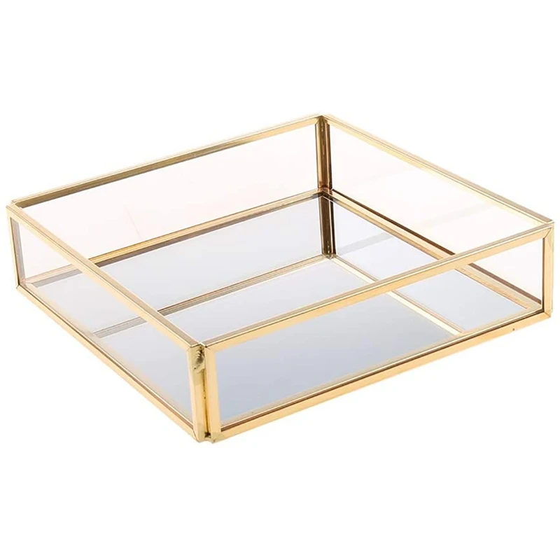 Golden Geometric Mirror Jewelry Tray, Cosmetics Jewelry Glass Storage